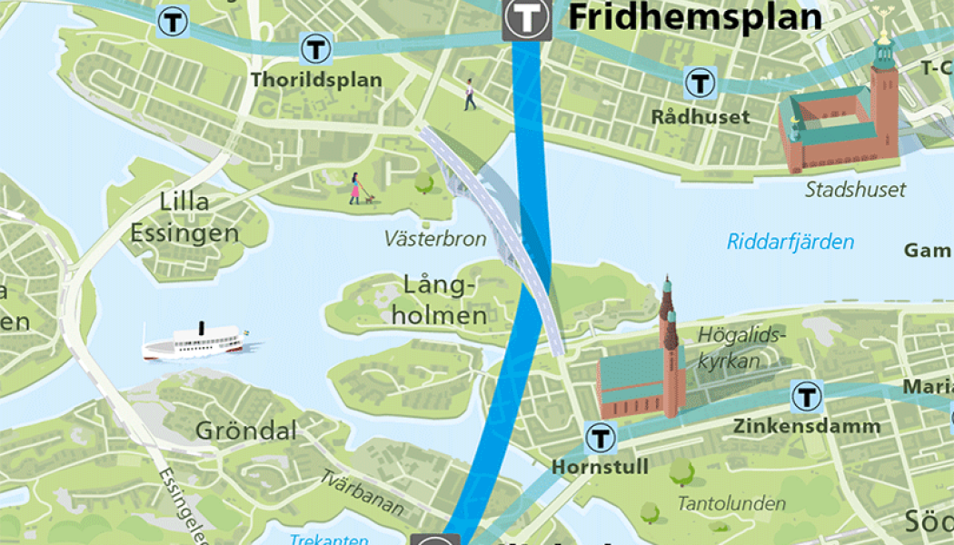 Nya utredningar visar att Gula linjen kan byggas utan teknikbyggnad på Långholmen. Region Stockholm/Martin Thelander