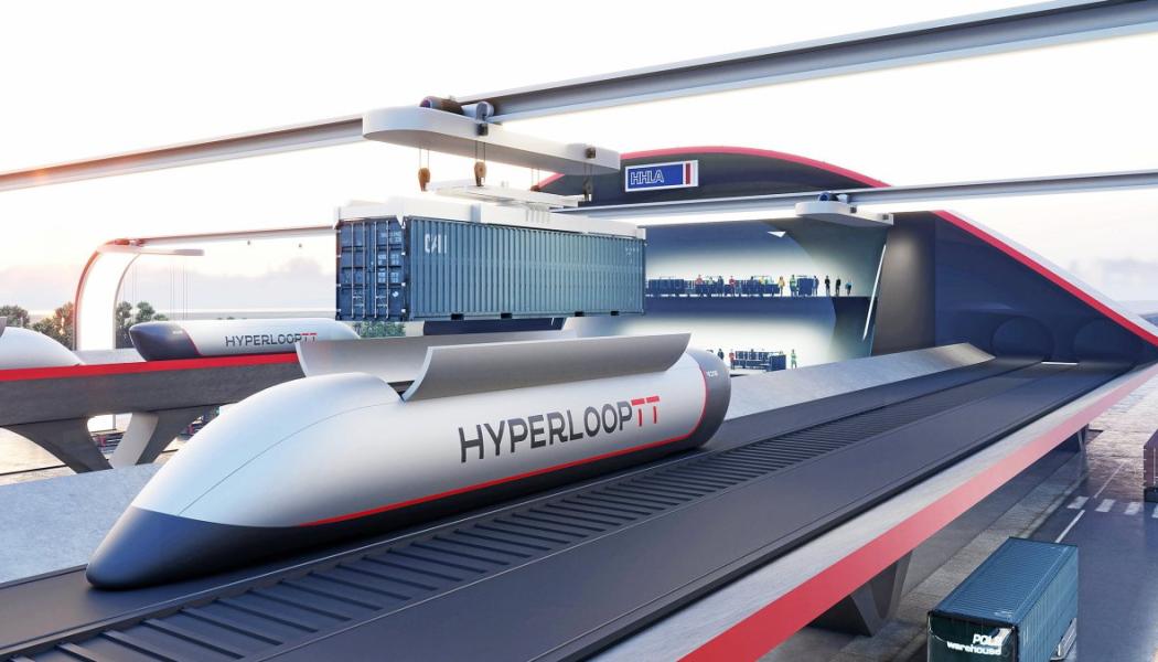 HHLA Hyperport i simuleringen: En automatiskt arbetande kran sänker en container i lastplatsen på en Hyperloop-kapsel innan den skjuts in i röret. Foto: HHLA. Kredit: Mormedi
