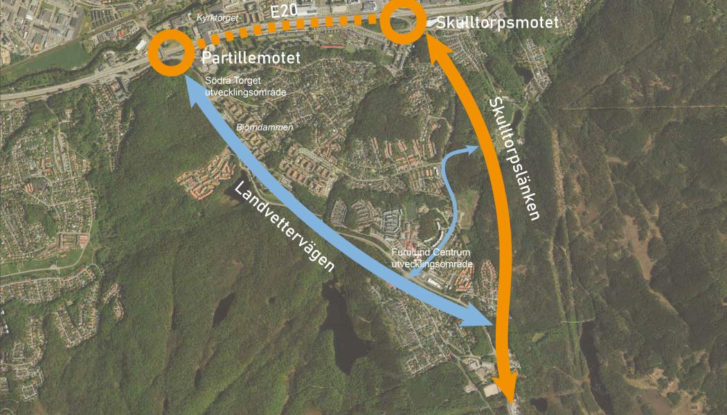 Den planerade vägsträckningen mellan Åstebo i söder och Gamla Alingsåsvägen i norr Illustration: ©Partille kommun
