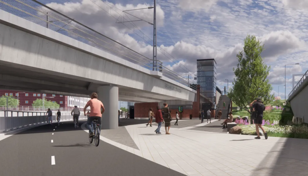 Visionsbild som visar norra entrén till Brunnsbo station sedd från Backavägen, bakom järnvägsbron skymtar bebyggelsen vid Berättelsegatan i Brunnsbo. Bild: Trafikverket