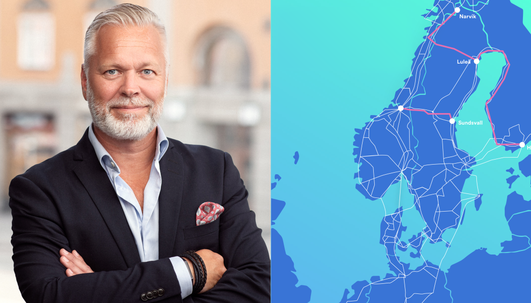 Pär Jansson samt karta över nya och uppgraderade fiberförbindelser i norra Norden. Bild: GlobalConnect
