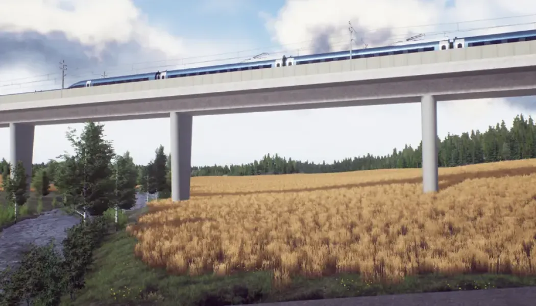 Ostlänken ska i Vagnhäradsentreprenaden byggas på bro över Trosaåns dalgång. Illustration: Trafikverket