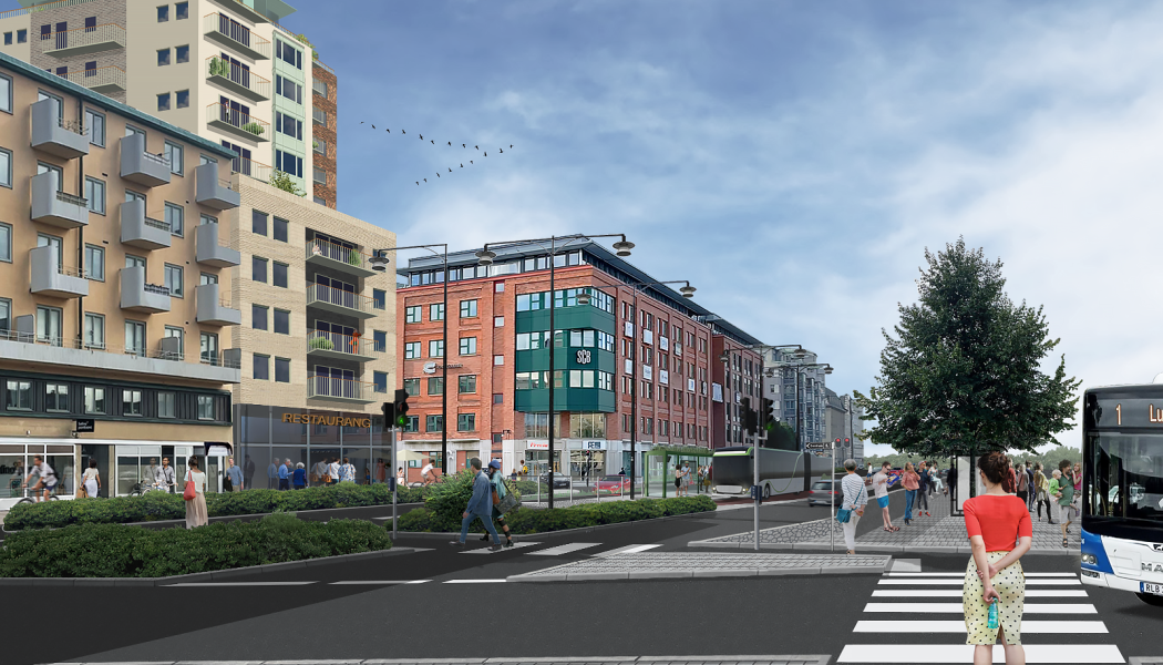 Illustration över hur Östra Bangatan kommer se ut när arbetet med att anpassa gatan för Citylinjen är färdigt. Bild: Örebro kommun
