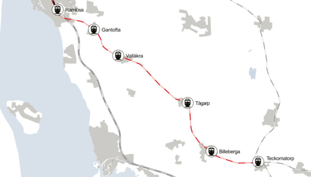 Karta över sträckan där arbetet på Rååbanan genomförs. Bild: Trafikverket