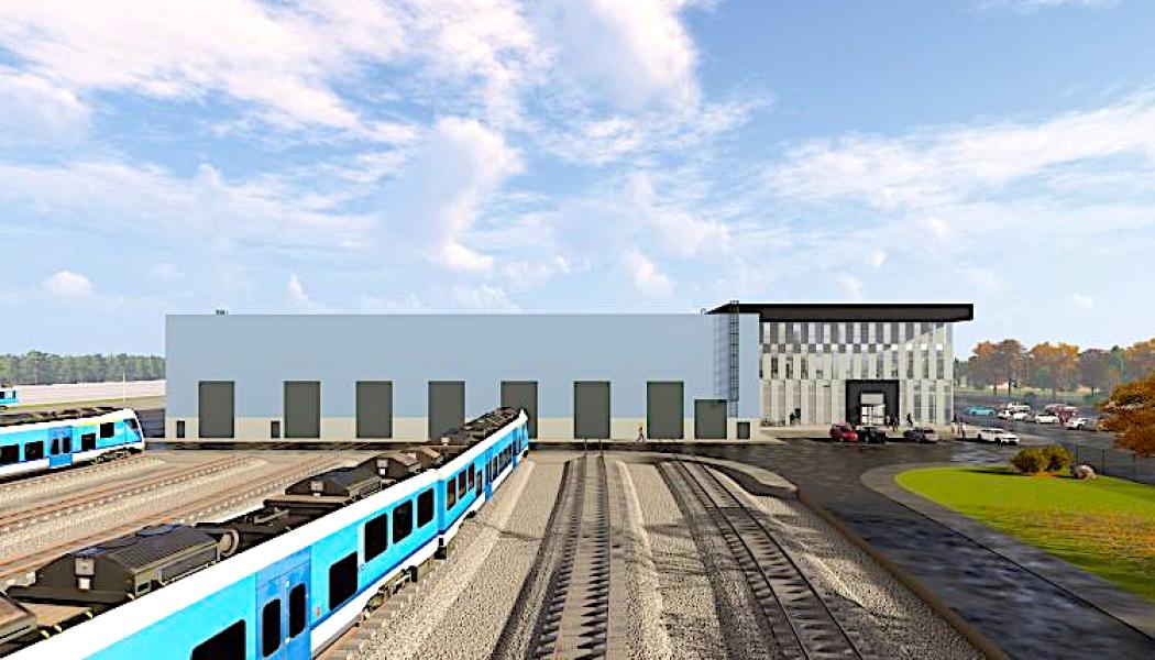 Det nya rullmaterieldepån i Rae kommun i Harju ska bli det största i Baltikum och samla underhåll och drift för Rail Baltica i Estland. Illustration: Rail Baltica / WKZ