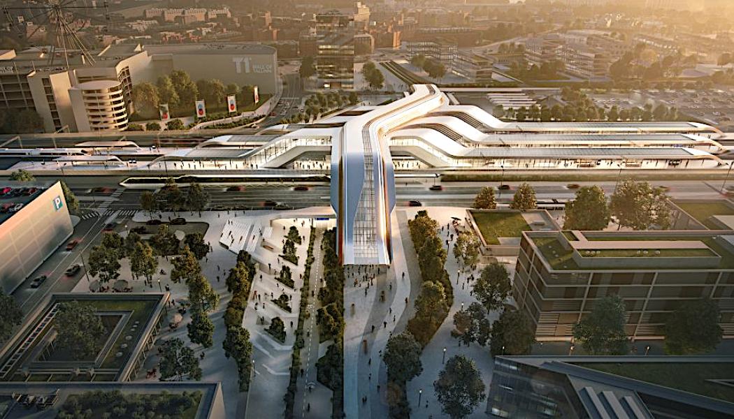 Så här kommer Rail Balticas passagerartågterminal i Tallinn att se ut när den är färdigställd. En internationell arkitekttävling hölls 2019 för designen av Tallinns passagerarterminal för Rail Baltic, som vanns av ett gemensamt bidrag från Zaha Hadid Architects och den estniska motsvarigheten ESPLAN OU. Illustration: Rail Baltica.