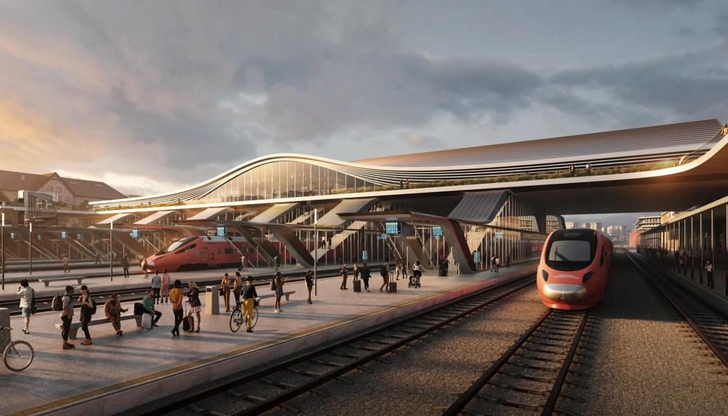 Riga Centralstation byggs om från grunden till internationell standard, och även flygplatsterminalen anpassas för den nya järnvägen. Dessa knutpunkter är avgörande för projektets passagerarprognoser, men har också varit bland de mest kostnadsdrivande delarna. Bild: Rail Baltica.