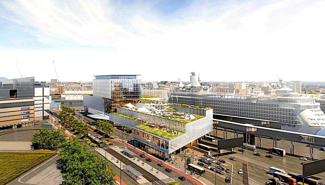 Hamntunneln börjar under Västra hamnens nya terminalbyggnad och kommer upp till ytan i Sundholmen. Illustrationsbild. PES-Arkkitehdit Oy.