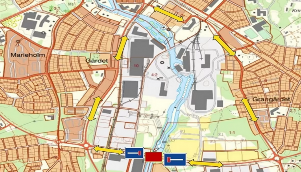 Karta med omledningsvägar under arbetets gång. Karta: Mariestads kommun