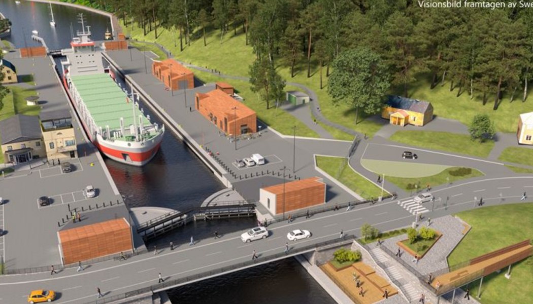 Visionsbild av den kommande slussen i Södertälje. Illustration: Sweco/Trafikverket