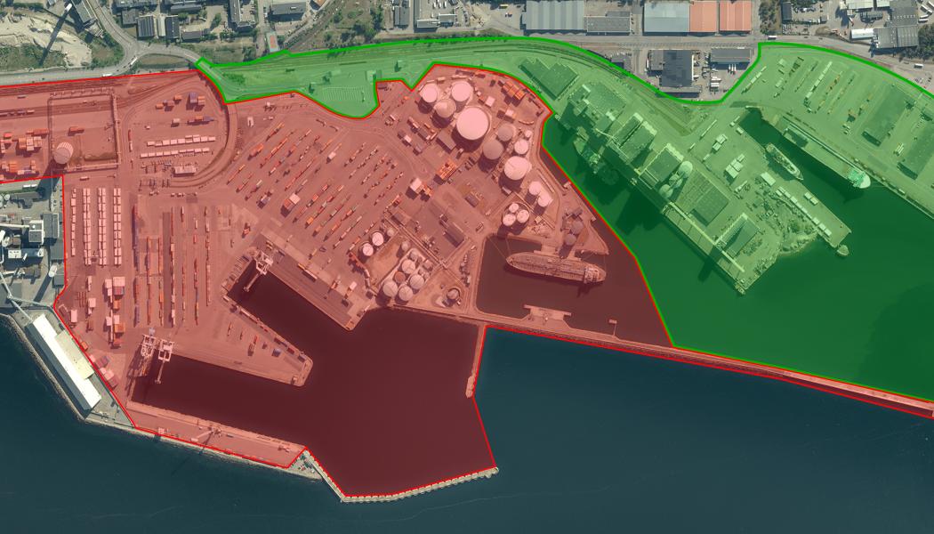 Västhamnens Containerterminal och Energihamn i röd markering är nu ett Civilt skyddsobjekt. Foto: Helsingborgs hamn