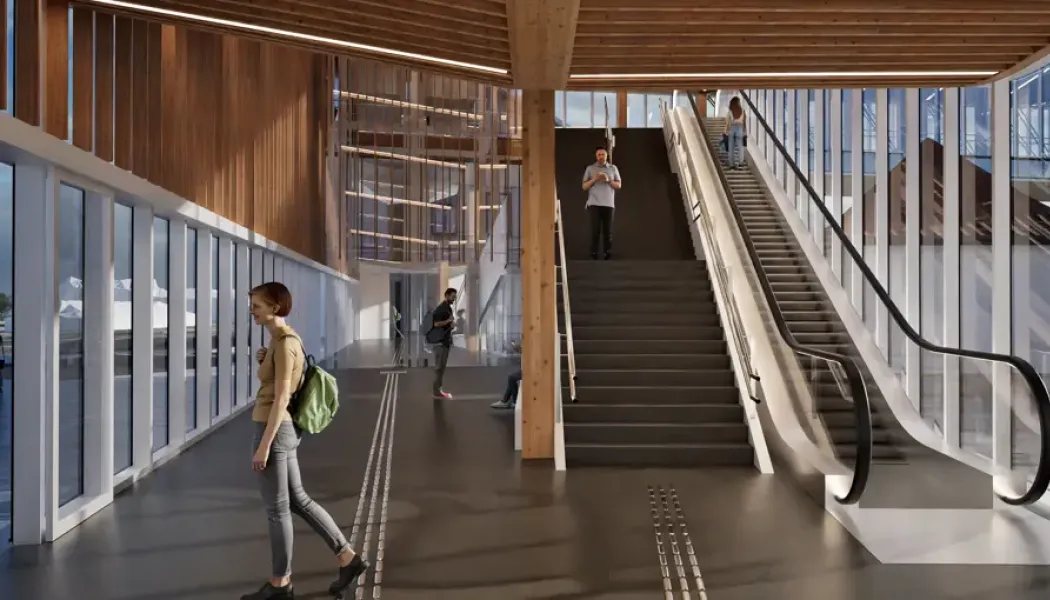 Gångpassagen till och från perrongerna kommer att ha hiss, trappa och rulltrappa.  Bild: Trafikverket