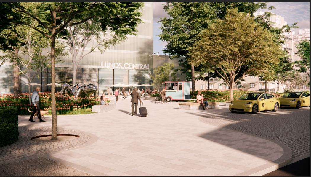 Visionsbild över den kommande entréplatsen vid Mittelbron. Den nya stationsbyggnaden i bakgrunden ingår inte i detaljplanen. Illustration: Sydväst arkitektur och landskap