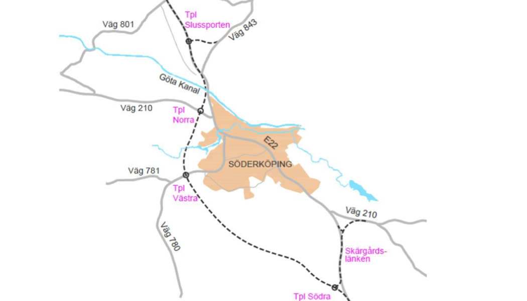 Förbifart Söderköping är en planerad mötesfri väg E22. Förbifarten är tänkt att gå sydväst om nuvarande E22.
Karta: Trafikverket
