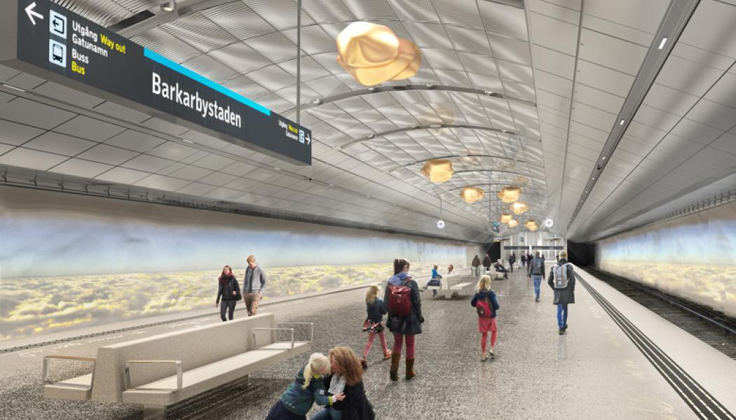Visionsbild nya tunnelbanan - station Barkarbystaden. Konstnär Helena Byström. White Arkitekter

