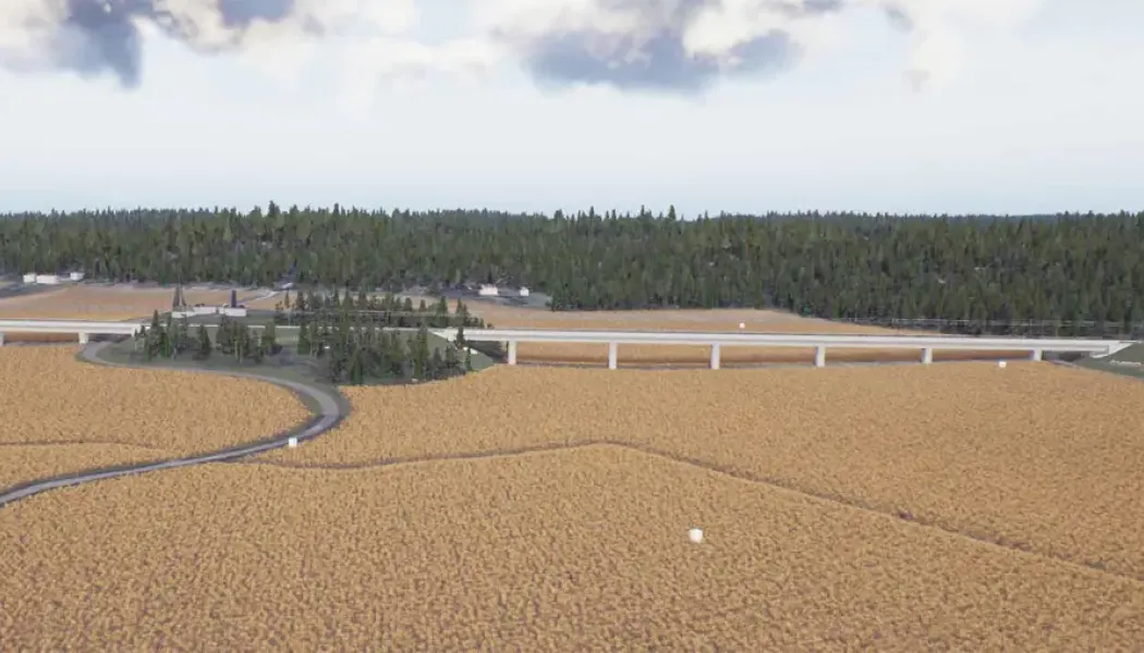 Passage på landskapsbro över Tunsättersbäckens dalgång, vy från söder. Illustrationen är hämtad ur VR-modellen, en digital modell av järnvägsanläggningen och dess omgivning. Bilden är preliminär och visar inte exakt hur den färdiga anläggningen kommer att utformas. Illustration: Trafikverket