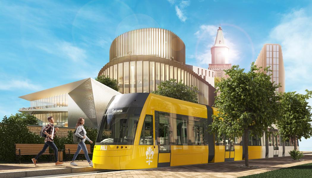 Åbo växer och kollektivtrafiken måste planeras med framtiden i åtanke. För att minska stadens klimatavtryck anslöt sig Åbo Spårvägsbolag till klimatavtalet och tar nu aktivt ansvar för att minimera utsläppen under projektets hela livscykel. Illustration: Åbo stad