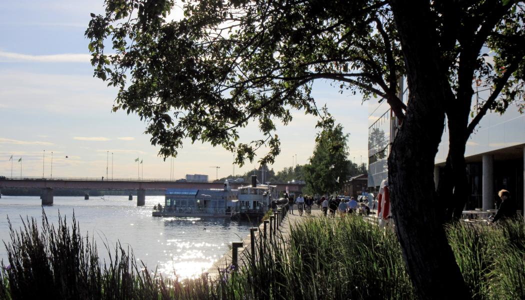 Sommarkväll på kajen i centrala Umeå. Foto: Robert Rösth