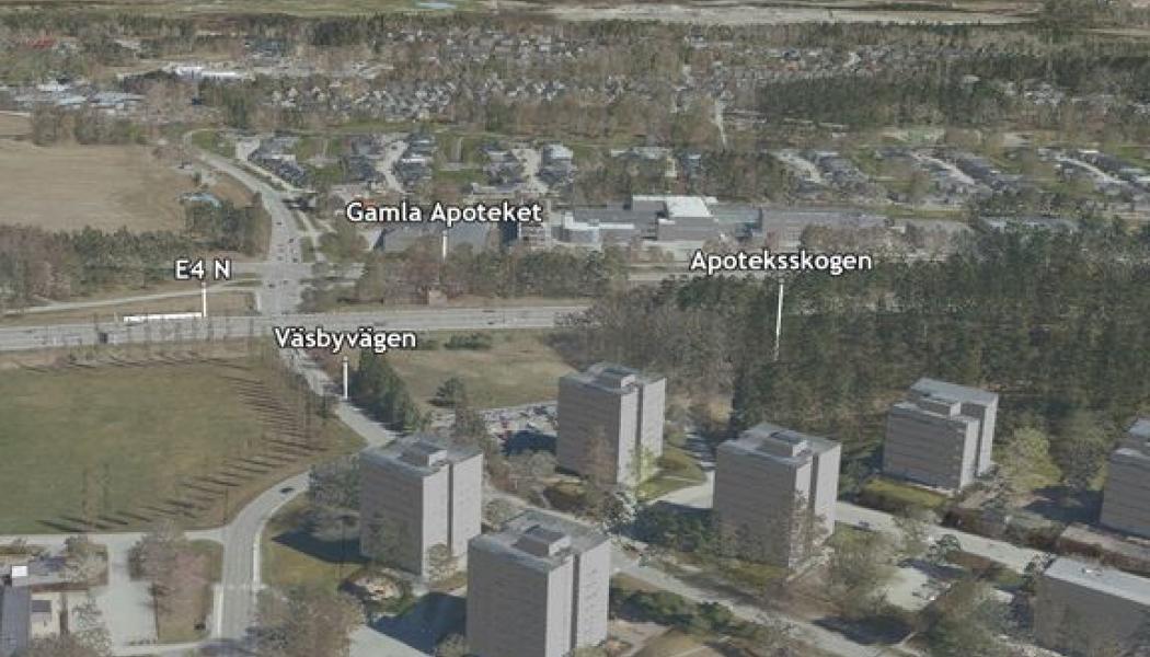 Upplands Väsby kommun vill ha en ny trafikplats på E4 i höjd med Väsbyvägen, cirka en kilometer norr om trafikplats Glädjen. 3D-bild framställd av Geodataenheten, Upplands Väsby kommun
