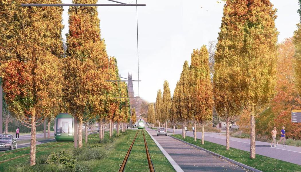 Spåren för spårvägen och bron över Fyrisån börjar byggas Visionsbild. Illustration: White arkitekter. 