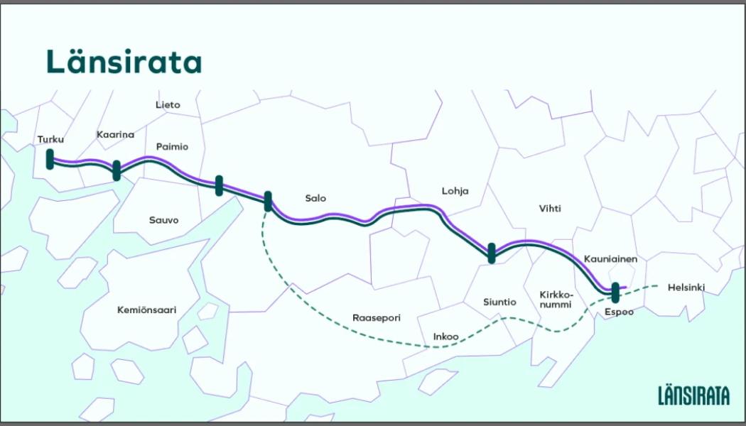 Den första etappen omfattar sträckorna Esbo–Vichtis–Lojo, Salo–Hajala samt Nunna–Kuppis. Karta: Västbanan projektet