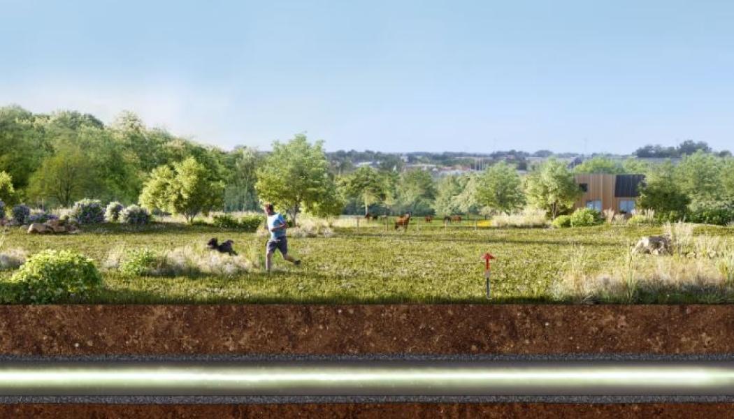 Visualiseringsbild: Vätgasinfrastuktur går under mark och har minimal åverkan på natur, odling och djurnäring. Foto: Nordeon Hydrogen