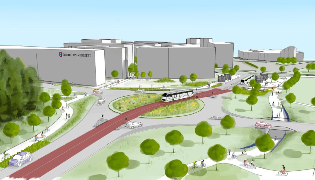 Illustration över hur Universitetsrondellen kommer se ut när arbetet med att anpassa gatan för Citylinjen är färdigt. Bild: Örebro kommun
