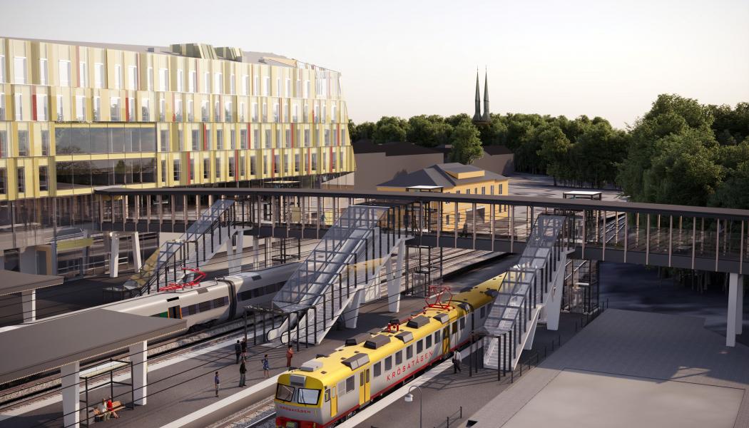Nya Klosterbron kommer att gå från södra sidan vid WTC in i Växjö stations- och kommunhus. Illustration: Sweco