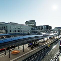 Illustration av Drammens restaurerade station med solpaneler på taket. Bild: Norconsult/Bane NOR, kredit Baezeni
