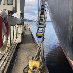 Brist på ett fartygs fallrep (en löstagbar trappa eller lejdare med tillhörande rep (räcken) som hänger på utsidan av en fartygssida för att underlätta ombord- och ilandstigning) 
FOTO: Transportstyrelsen