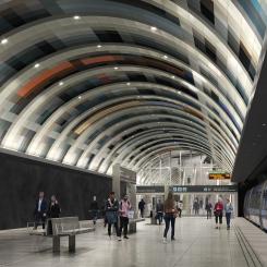 Illustration av plattform Arenastaden, en av de tre nya stationerna längs nya sträckan av gröna linjen som nu uppförs av Region Stockholm. Bild: Region Stockholm/&Rundquist.