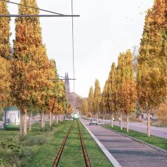 Illustration av framtidens spårväg förbi Dag Hammarskjölds i Uppsala. Visionsbild: Arkivbild/White arkitekter