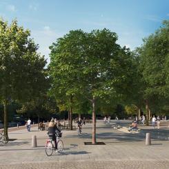 Basargatan. Vy från Basargatan västerut mot föreslagna torget-platsen mellan Vallgraven och Kungstorget. Visionsbild ÅWL Arkitekteroch Göteborgs Stad