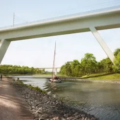 Illustration av delar av bro över Göta kanal mot norr, med E4:ans befintliga bro i bakgrunden. Illustration: Trafikverket