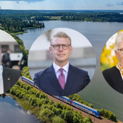 Jens Sjöström (S), Region Stockholm och ordförande Mälardalsrådet, Kristoffer Tamsons (M), Region Stockholm och ordförande En Bättre Sits samt Monica Johansson (S), Region Sörmland och vice ordförande En Bättre Sits. Mälartåg som bakgrund. Pressbild.