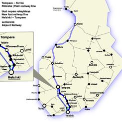 Framtida Finlandsbanan från Helsingfors upp till Lappland. Karta: Suomirata.projektet/ Finlandsbane-projektet