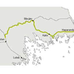 Elektrifieringsprojektet för järnvägssträckan Laurila–Torneå–Haparanda, ett samarbete mellan Finland och Sverige, har nu slutförts.. Karta: Trafikverket
