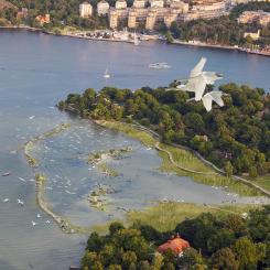 Illustration av isbladlagunen. Visualisering: Gaia Arkitektur, Flygfoto: Ola Ericson/Stockholmsfoto