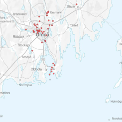 Karta över 54 förorenade områden i Umeå kommun i riskklass 1 och 2 med störst risk för människors hälsa och miljö. Karta: Umeå kommun