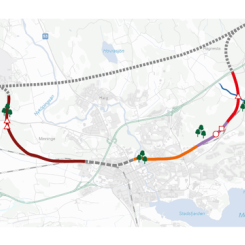 Kartan visar omfattningen av projekt Nyköping Bibana, med entreprenadgränser mot anslutande projekt, nya broar, skyddsvärda miljöer, uppdelning dubbel- och enkelspår samt renoveringen av befintlig bana. Karta: Trafikverket