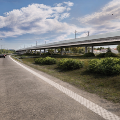 Visualisering av en vy från Timmerleden mot Strömsborg. Bilden är en tidig skiss där järnvägen går på en landskapsbro. Det är ännu inte beslutat exakt hur järnvägen kommer att utformas. Grafik: Trafikverket