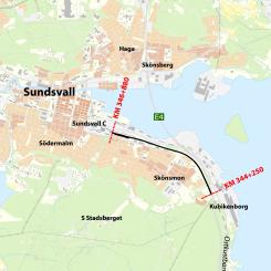 Översiktskarta: över sträckan mellan Kubikenborg och Sundsvall Översiktskarta: Trafikverket