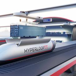 HHLA Hyperport i simuleringen: En automatiskt arbetande kran sänker en container i lastplatsen på en Hyperloop-kapsel innan den skjuts in i röret. Foto: HHLA. Kredit: Mormedi