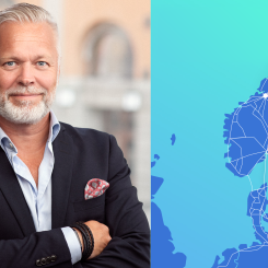 Pär Jansson samt karta över nya och uppgraderade fiberförbindelser i norra Norden. Bild: GlobalConnect