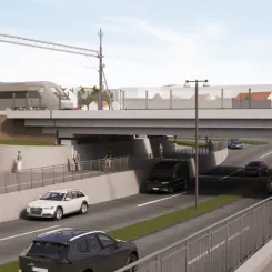 Visionsbild av hur Brunnsgatan kommer att se ut när resecentrum är klart, sett från söder.
Foto: Foto: WSP Sverige AB