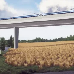 Ostlänken ska i Vagnhäradsentreprenaden byggas på bro över Trosaåns dalgång. Illustration: Trafikverket