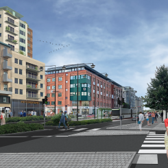 Illustration över hur Östra Bangatan kommer se ut när arbetet med att anpassa gatan för Citylinjen är färdigt. Bild: Örebro kommun