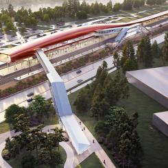 Pärnu stadsförvaltning har utfärdat ett bygglov för Rail Baltica att bygga Pärnu internationella passagerarterminal i Estland. Rail Balticas internationella passagerarterminal kommer att ligga cirka 4 kilometer från Pärnu centrum, mellan Via Baltica och Pärnufloden. Illustration: Rail baltica