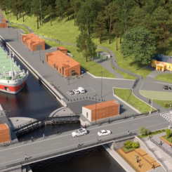 Visionsbild av den kommande slussen i Södertälje. Illustration: Sweco/Trafikverket