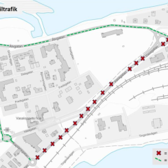 En tillfällig väg har byggts som ska användas när trafiken behöver ledas om. Karta: Trafikverket